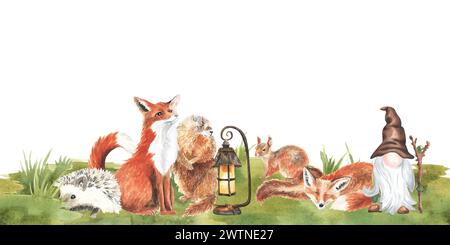 Cartoon woodland animals in summer grass, meadow grass. Character fox, gnome, rabbit in floral repeating border. Watercolor forest wildlife natural se Stock Photo