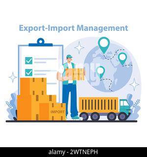 Export-import management concept. Detailed depiction of export-import management. Coordinating global shipment logistics. Illustrating trade compliance and documentation. Flat vector illustration. Stock Vector
