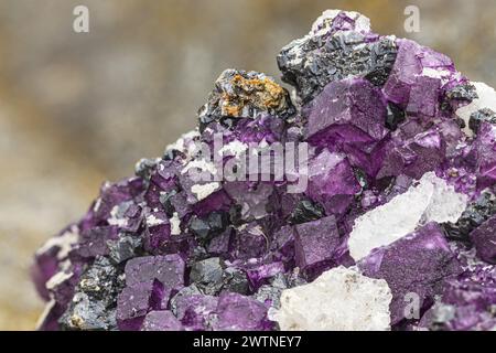 Detailed macro of purple fluorite crystals Stock Photo