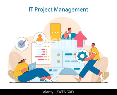 IT Project Management concept. The coordination of tasks, collaborative effort, and the gearwork of development. Captures the essence of digital project lifecycle. Flat vector illustration. Stock Vector