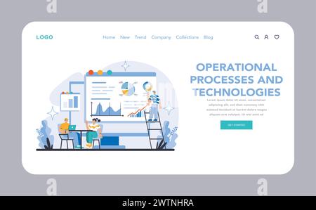 Operational processes and technologies web or landing page. Integration of analytics and teamwork in business operations. Strategy, analysis, and collaboration. Flat vector illustration. Stock Vector