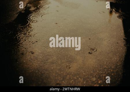 It is raining heavily in the city in the dark evening, with raindrops creating circles on the surface of puddles. Stock Photo