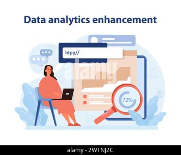 Data Analytics Enhancement. Professional analyzing data trends and metrics for strategic retail insights. Flat vector illustration. Stock Vector