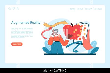 Augmented Reality innovation. A user interacts with a digital apple through AR, blending the physical and virtual for an educational experience. Vector illustration. Stock Vector
