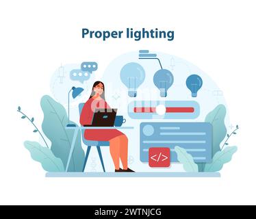 Ergonomic Lighting in Workspaces Illustration. A woman works comfortably at her well-lit desk, showcasing ideal lighting for eye health. Flat vector illustration. Stock Vector