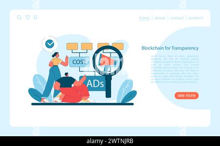 Marketing 5.0 concept. Showcasing blockchain technology as a tool for ensuring transparency in advertising costs. Flat vector illustration. Stock Vector