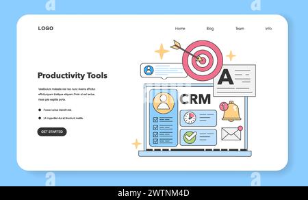 CRM software visualization concept. Laptop showcasing customer relationship management interface. Targeted marketing, streamlined communication, and task reminders. Flat vector illustration. Stock Vector