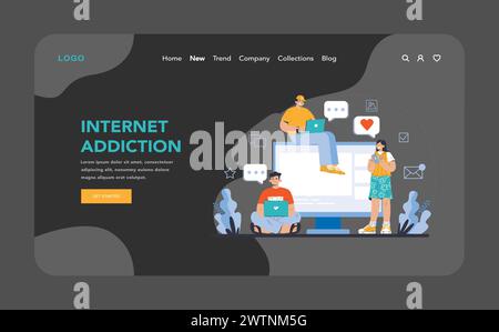 Internet addiction night or dark mode web or landing page. A colorful portrayal of individuals engrossed in their devices, symbolizing the widespread issue of digital dependence. Vector illustration. Stock Vector