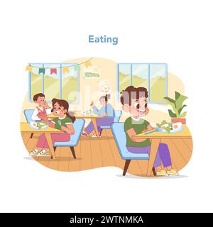 Kindergarten mealtime. Cheerful children enjoy nutritious lunches, fostering good eating habits. Bright, welcoming dining area encourages social skills at nursery school. Flat vector illustration Stock Vector