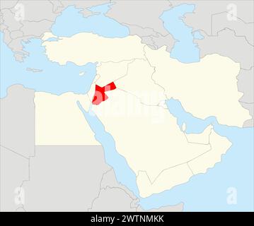 Red map of JORDAN inside highlighted beige map of the Middle East Stock Vector