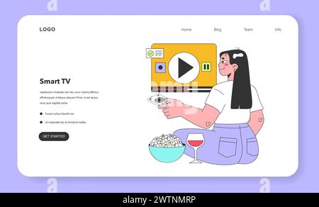 Movie streaming platform web banner or landing page. Woman watching film at home with digital online theatre. Television multimedia service broadcasting a video. Flat vector illustration Stock Vector
