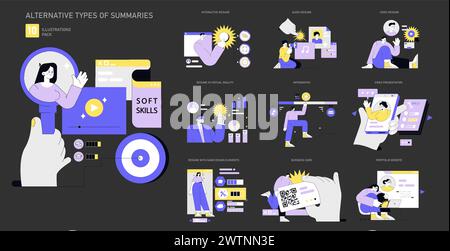 Innovative resume set captures the evolution of professional summaries. Showcases interactive, virtual, and game-inspired formats. Modern job application tools. Vector illustration. Stock Vector