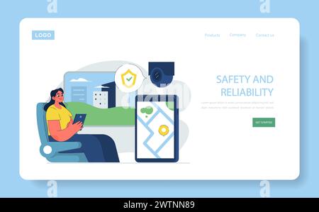 Safety and Reliability concept. Woman using app for secure urban navigation. Surveillance camera ensuring public security. Stock Vector