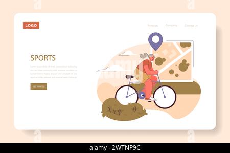 Retirees' Activities concept. Active senior woman enjoys cycling in nature. Navigating through the park, vibrant retirement life. Health in the golden years Stock Vector