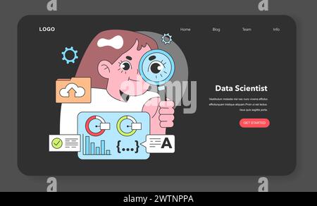 A Data Scientist meticulously analyzes information, uncovering hidden patterns within data to predict trends and inform decision-making. Stock Vector