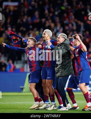 Barcelona, Spain. 12th Mar, 2024. Barcelona players celebrate the victory at the Uefa Champions League match between FC Barcelona and SSC Napoli at th Stock Photo