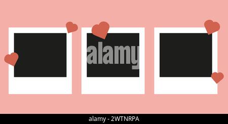 Photo camera frames photo mockup scrapbook on a pink wall. Black photo frame template. Vector illustration. Stock Vector