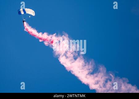 U.S. Air Force Academy Wings of Blue Parachute Team perform during the Travis Air Force Base Wings Over Solano air show and open house at Travis AFB, California, March 16, 2024. The primary mission of the Wings of Blue is to run the U.S. Air Force Academy’s Basic Freefall Parachuting course, known as Airmanship 490. (U.S. Air Force photo by Kenneth Abbate) Stock Photo