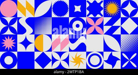 Seamless abstract geometric shape pattern. Repeating Swiss mosaic block form background. Colorful graphic design primitive elements for poster, cover, presentation, print, banner. Vector wallpaper Stock Vector