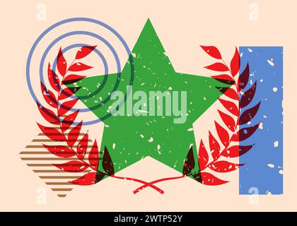 Risograph Laurel Wreath with geometric shapes. Objects in trendy riso graph print texture style design with geometry elements. Stock Vector