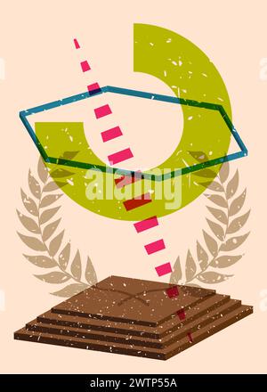 Risograph Laurel Wreath with geometric shapes. Objects in trendy riso graph print texture style design with geometry elements. Stock Vector