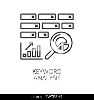 Keyword analysis. Web audit icon. Isolated vector linear sign represents the process of evaluating and optimizing keywords on a website for better search engine ranking and online visibility Stock Vector