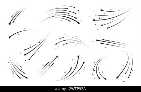 Shooting space stars with trails or Christmas starburst of falling comets with tails, vector icons. shooting stars trails of holiday fireworks or celebration star sparks and birthday party sparklers Stock Vector