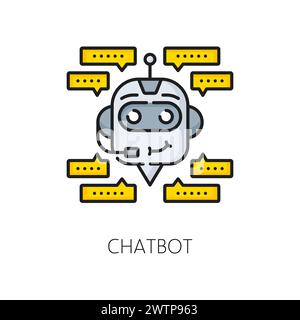 Artificial intelligence analysis, AI chatbot, machine learning algorithm linear color icon. Machine learning, AI computer innovation line vector sign with robot, chatbot face and message clouds Stock Vector