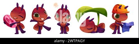 Cute ant characters set isolated on white background. Vector cartoon illustration of funny insect mascots hugging candy, greeting and smiling, angry, sleeping under leaf, looking at building blueprint Stock Vector