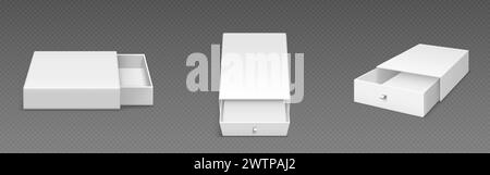 White empty open slide box with ribbon puller. Realistic vector illustration set of drawer shape cardboard package template for gift or presentation concept. Blank carton container with sleeve cover. Stock Vector