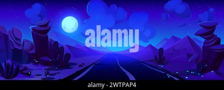 Night summer desert road. Vector cartoon illustration of old cracked highway on landscape with sandy dunes, cactus and plants, neon fireflies glowing in darkness, full moon in starry sky with clouds Stock Vector