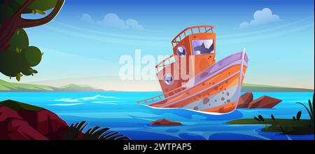 Broken abandoned fisher boat with cracks and holes aground. shipwreck stranded near beach with green grass and trees in harbor. Flooded fisher man vessel wreckage in river or sea lagoon on sunny day. Stock Vector