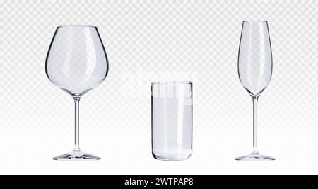 Empty transparent cocktail glass for wine, champagne and long drinks. Realistic vector illustration set of kitchen and restaurant glassware for alcohol beverages. Clean blank bar utensils mockup. Stock Vector