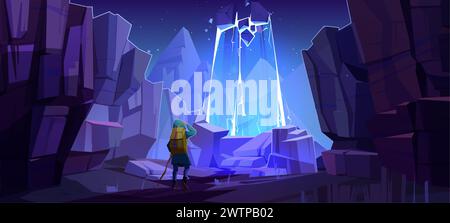 Traveler looking at neon light glowing through cracked cliff wall. Vector cartoon illustration of night rocky mountain landscape, huge stones around man with backpack, magic portal to fantasy world Stock Vector