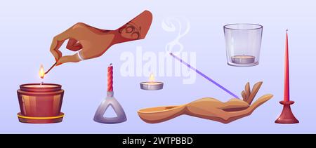 Scented candle and aroma stick in glass holder and women hands for spa aromatherapy. Cartoon vector illustration set of burning and snuffed out flavored wax and incense, hand lights candle with match. Stock Vector