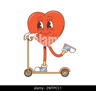 Cartoon retro groovy Valentine heart character on scooter, vector comic art. hippie or hipster. Happy smiling groovy heart in love riding scooter, 70s Stock Vector