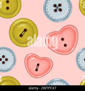 Seamless pattern of buttons in various colors on a light pink background. Buttons of different shapes and shades create a unique design. for Stock Photo
