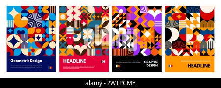Modern abstract posters with geometric pattern of color graphic shapes. Minimalist art circles, squares, triangles and curved lines mosaic composition Stock Vector