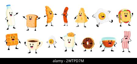 Cartoon cheerful breakfast characters. Vector set of milk bottle and glass, toast, croissant, sausage or cheese. Fried and boiled eggs, coffee or tea Stock Vector