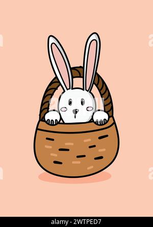Bunny in wicker basket. doodle hand drawn vector illustration Stock Vector