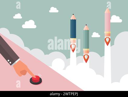 Businessman hand pushing red button to launch pencil rockets. Education concept. Vector illustration Stock Vector