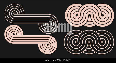 Aesthetic retro prints and Nordic boho minimal organic drawings. Balancing figures with linear outline strokes design and abstract black arches. Vecto Stock Vector