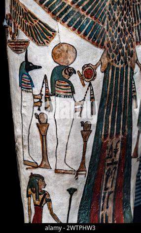 A close-up view of an Egyptian coffin with vibrant paintings Stock Photo