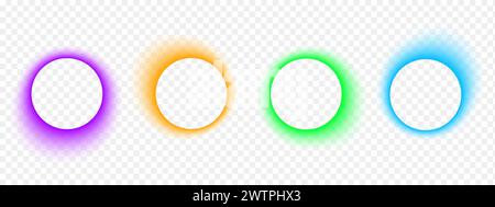 Set of blurry round frames. Circle shapes with purple, orange, blue and green neon gradient borders isolated on transparent background. Abstract design elements with empty space. Vector illustration. Stock Vector