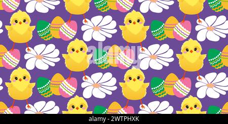 Easter cute pattern with chicken, daisies, colored eggs. The cheerful Easter design for background, digital paper, wallpaper, fabric. Seamless pattern Stock Vector