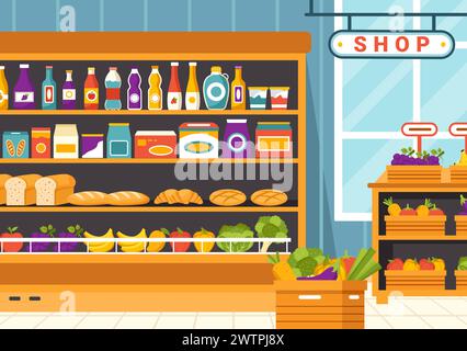 Grocery Store Shelf Vector Illustration with Foods Items and Products Assortiment on the Supermarket for Shopping Daily Needs in Flat Background Stock Vector