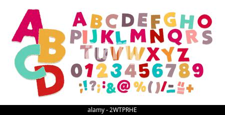 Torn Paper Bits and Pieces Collage Alphabet Font. Grunge Paper Cut Torn Paper Typeface. Retro Newspaper Style Font for Collage Art Design Stock Vector
