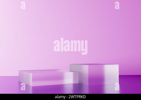 Transparent glass display podiums on lilac background, clean and sophisticated stage for products. Perfect for e-commerce platforms and promotional. d Stock Photo