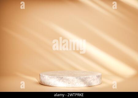 product placement podium. round marble podium is centered on beige backdrop. podium surface boasts natural textures, offering an ideal setting for lux Stock Photo