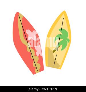 Set of vector surfboard in tropical design with palm, tropic flower. Vector illustration can used for summer banner, flyer. card, label. Stock Vector